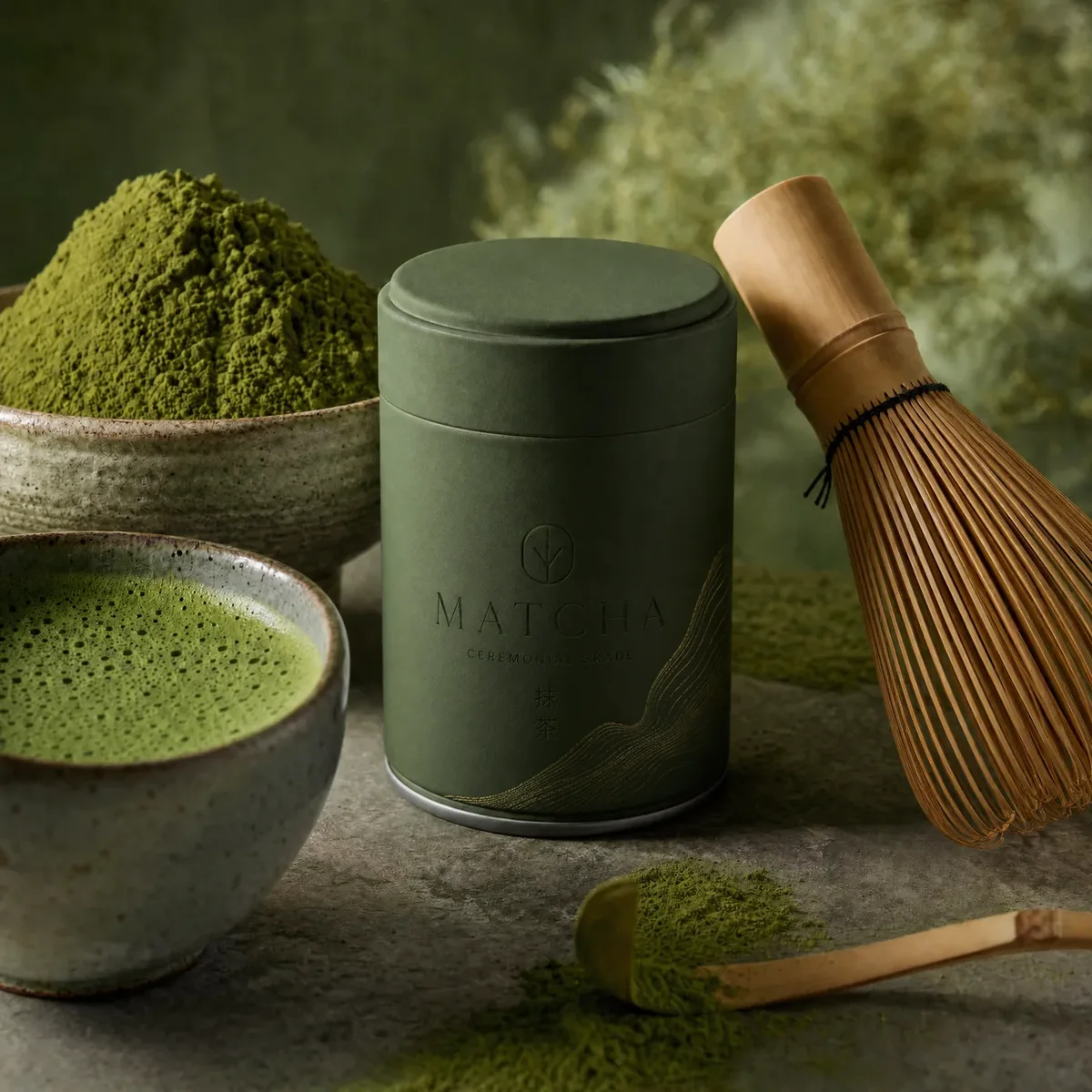 Lata de matcha verde-oliva entre tigela de cerâmica e batedor de bambu